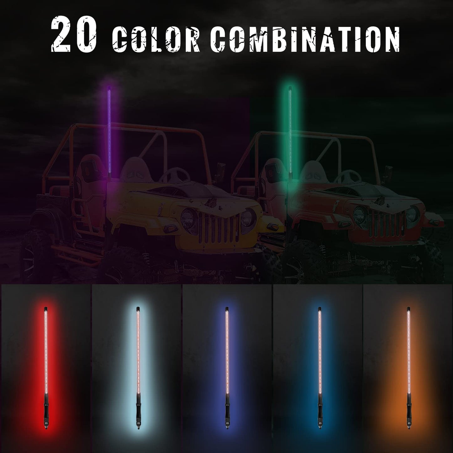 2 piezas de luces LED tipo látigo de 6 pies, base de liberación rápida para mástil de bandera y antena para ATV UTV RGB