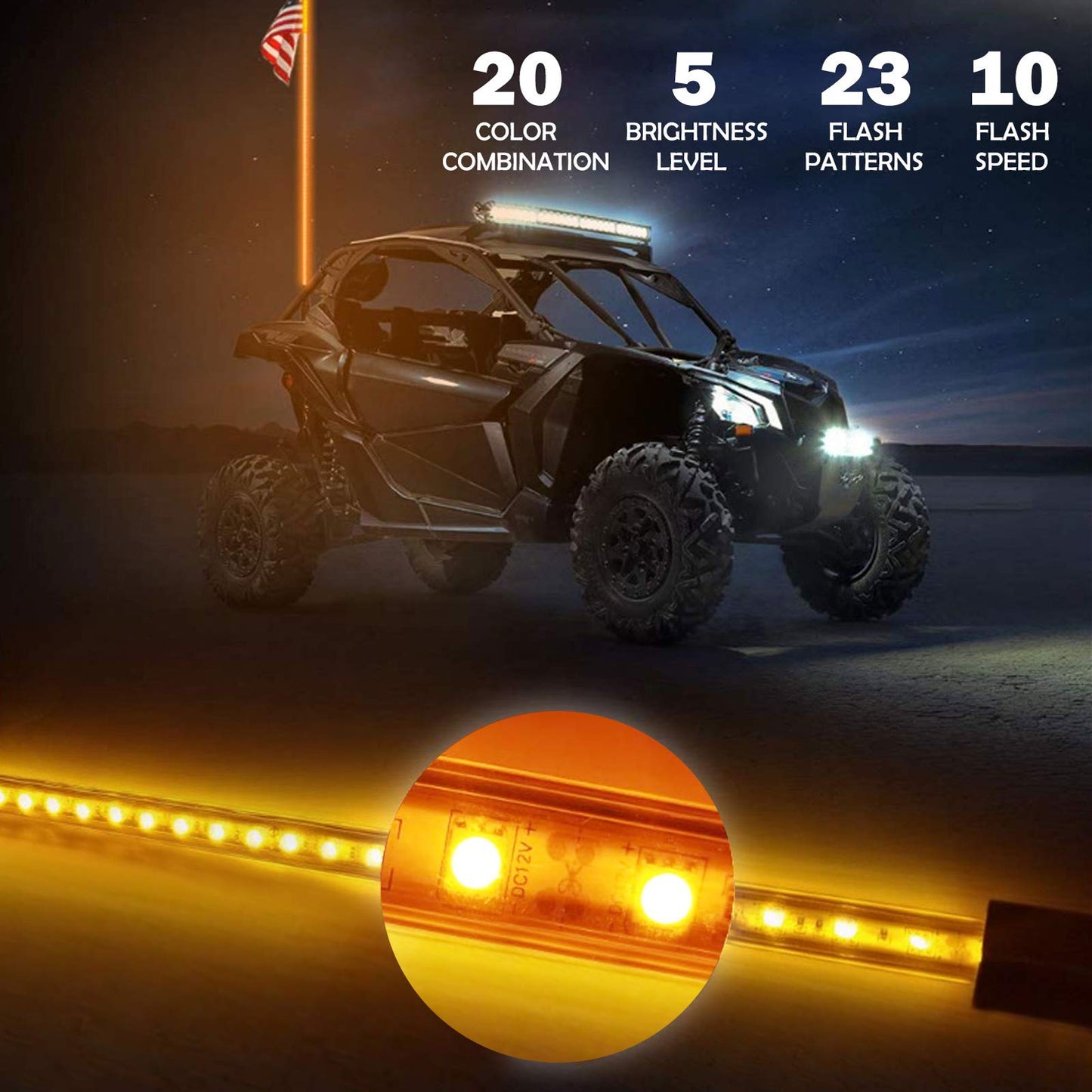 2 piezas de luces LED tipo látigo de 6 pies, base de liberación rápida para mástil de bandera y antena para ATV UTV RGB