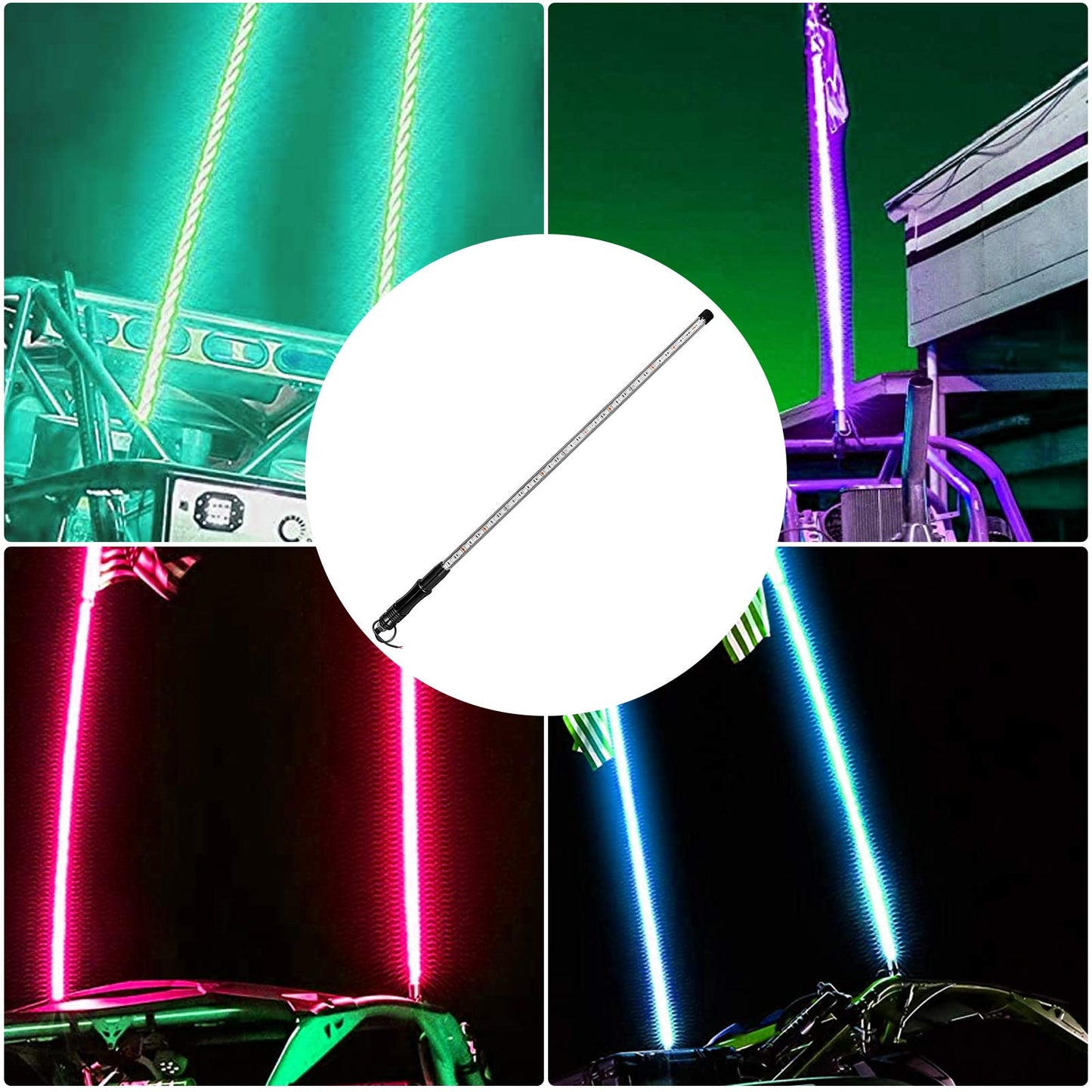2 piezas de luces LED tipo látigo de 6 pies, base de liberación rápida para mástil de bandera y antena para ATV UTV RGB
