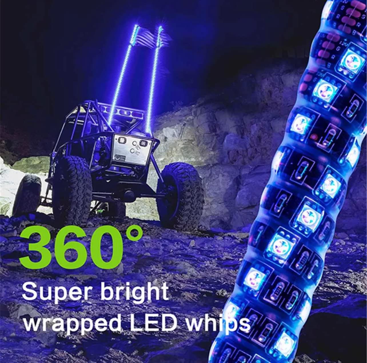 2 piezas de luces LED tipo látigo de 6 pies, base de liberación rápida para mástil de bandera y antena para ATV UTV RGB