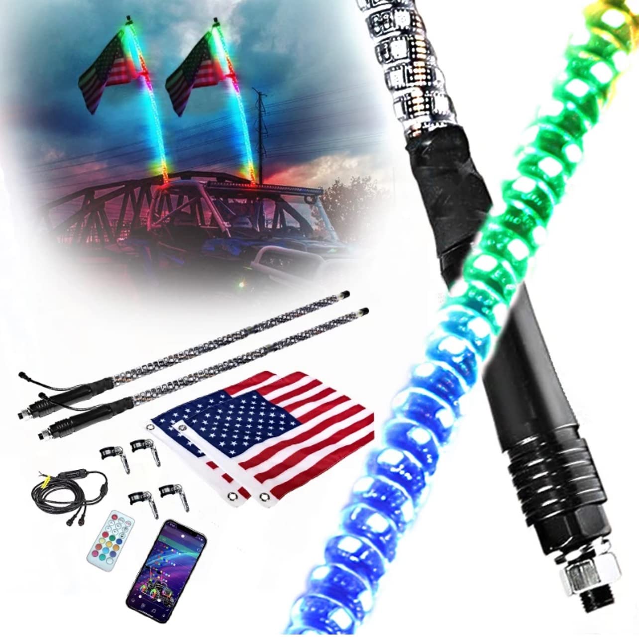 2 piezas de luces LED tipo látigo de 6 pies, base de liberación rápida para mástil de bandera y antena para ATV UTV RGB