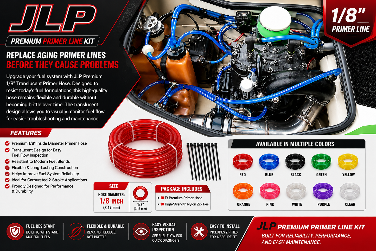 JLP Translucent Primer Oil Line Hose kit fuel carb Fuel 1/8 In Red