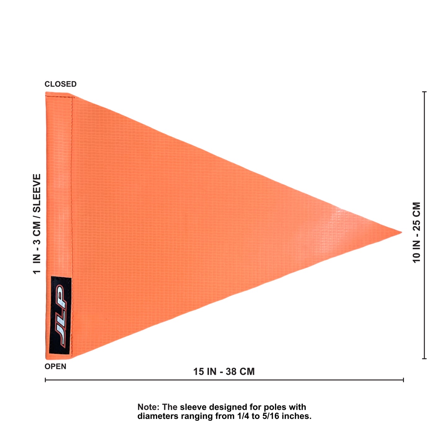 JLP 3.5 Ft Tall 1/4 In Pole 15x10 Flag Whip Heavy Duty Ride Park Approved Wind Resistant Vinyl Triangle Neon Orange